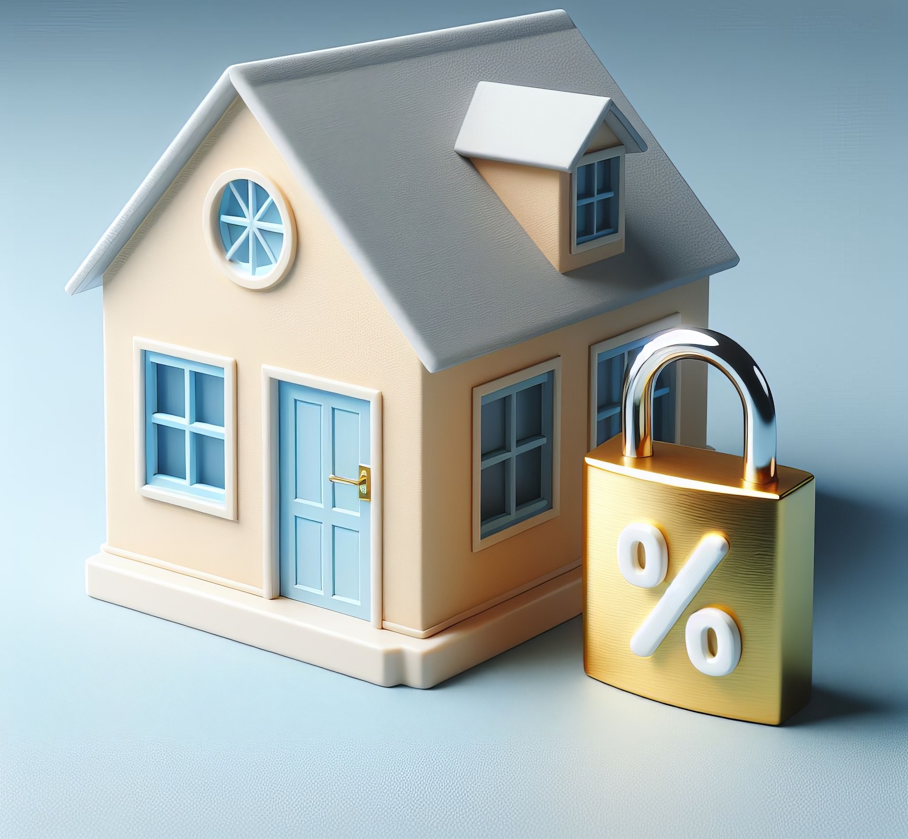 3D illustration of a small house with a large percentage sign lock