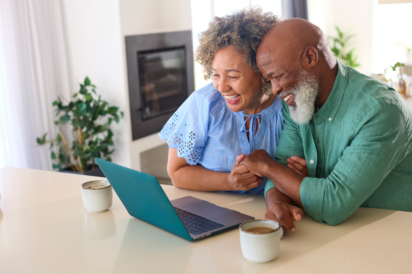 Old couple looking at laptop and smiling