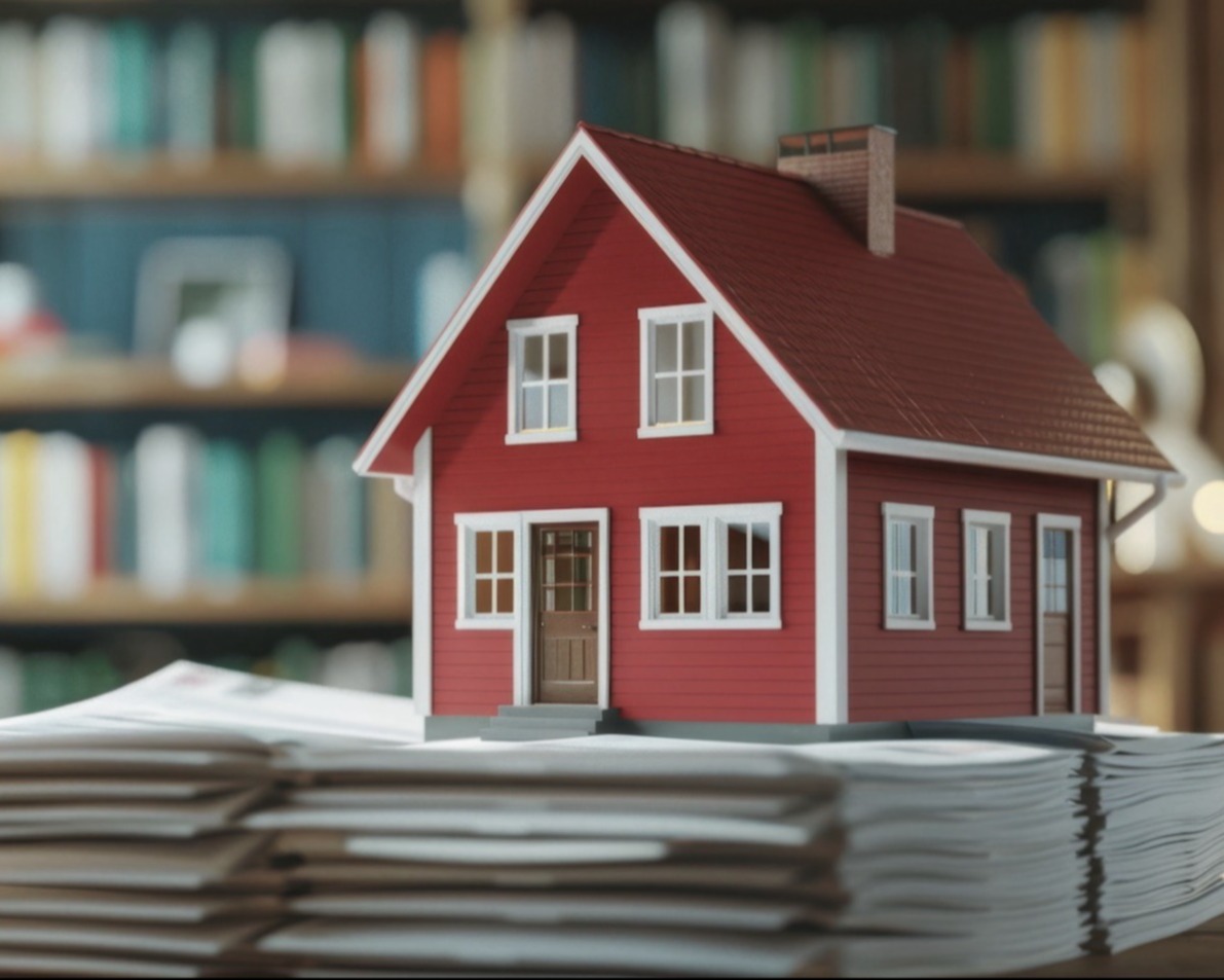 Miniature house on documents