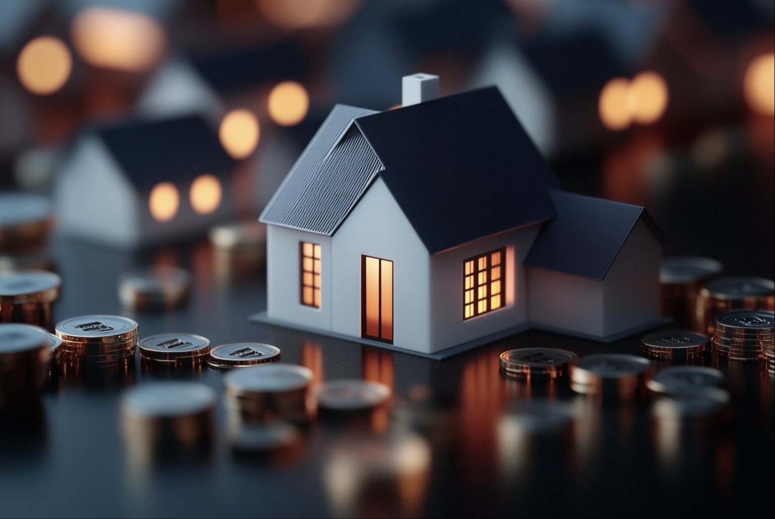 Miniature house surrounded by stacks of coins